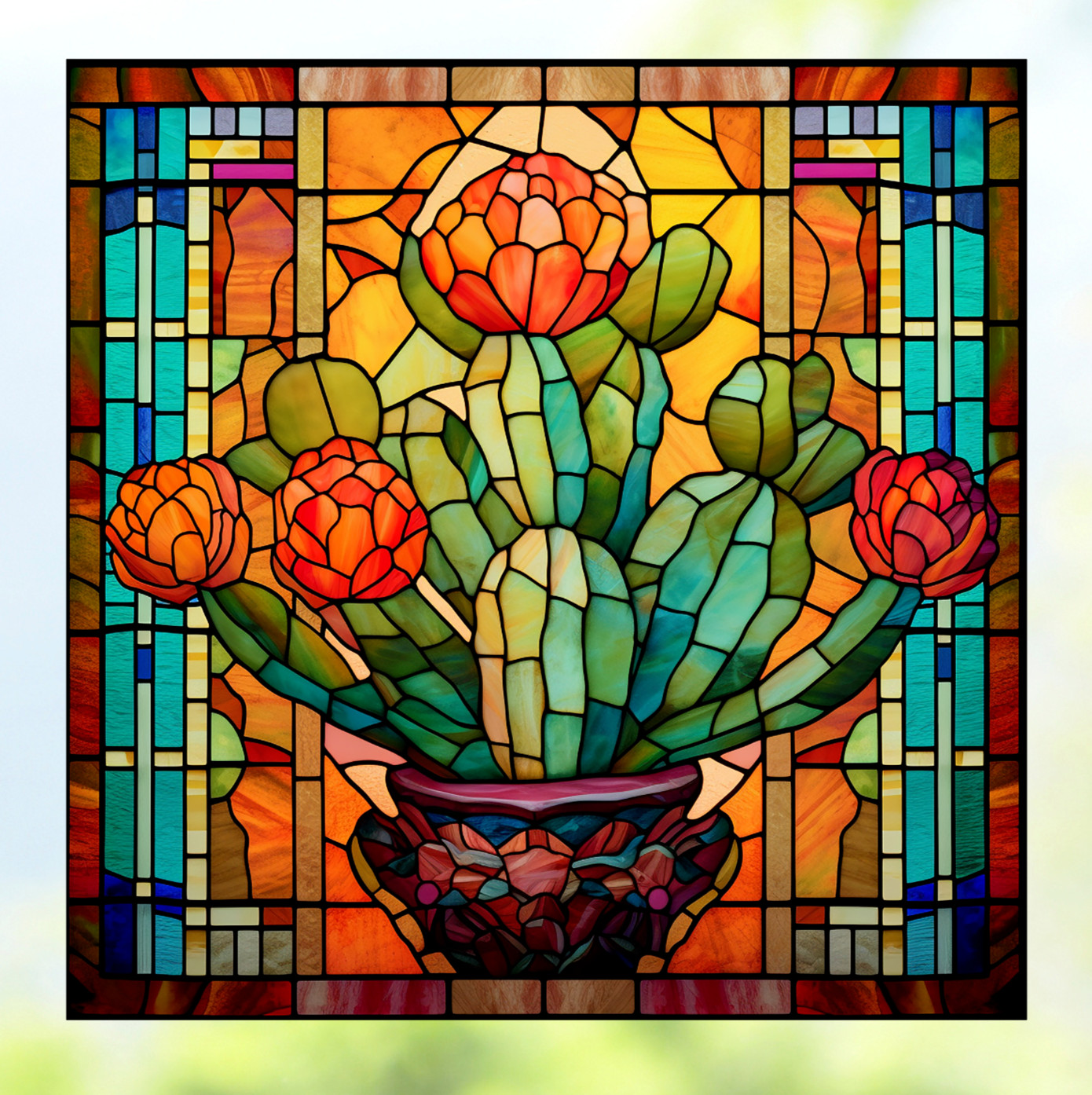 Blooming Cactus Plant Faux Stained-Glass WINDOW CLING Size 8″ Square Vinyl