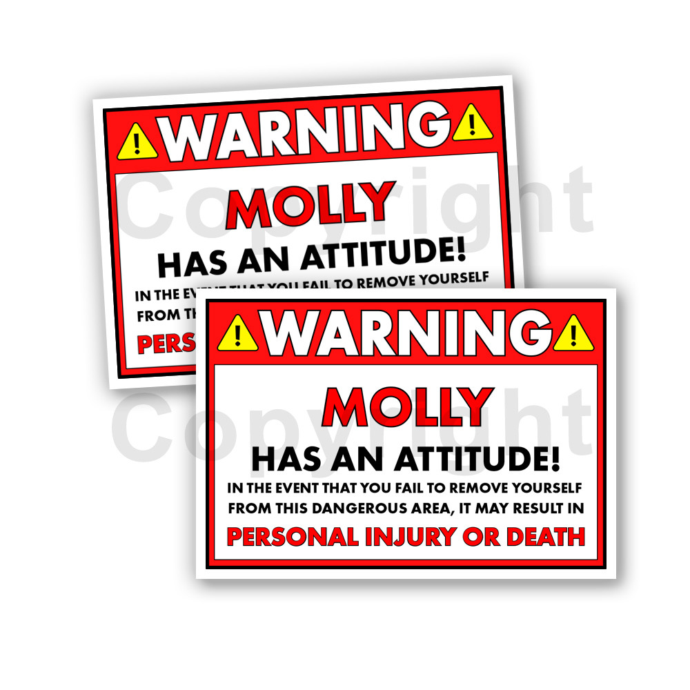 Molly HAS AN ATTITUDE 2 Funny Warning Stickers 5″ wide Orange – 2 Decals