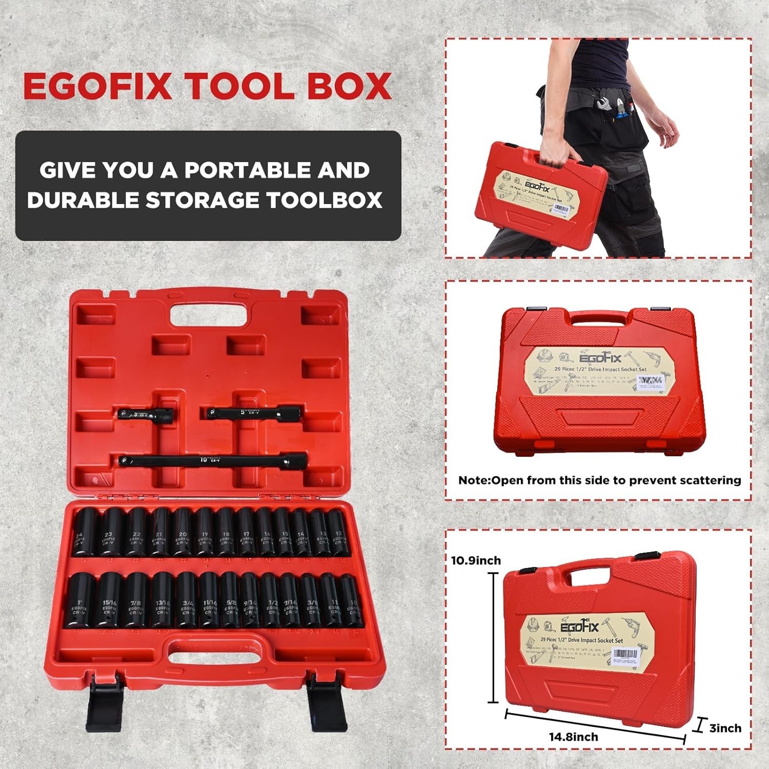 29 Pieces 1/2″ Socket Set, Drive Deep Impact Socket Set with 3″, 5″, 10″ Extensi
