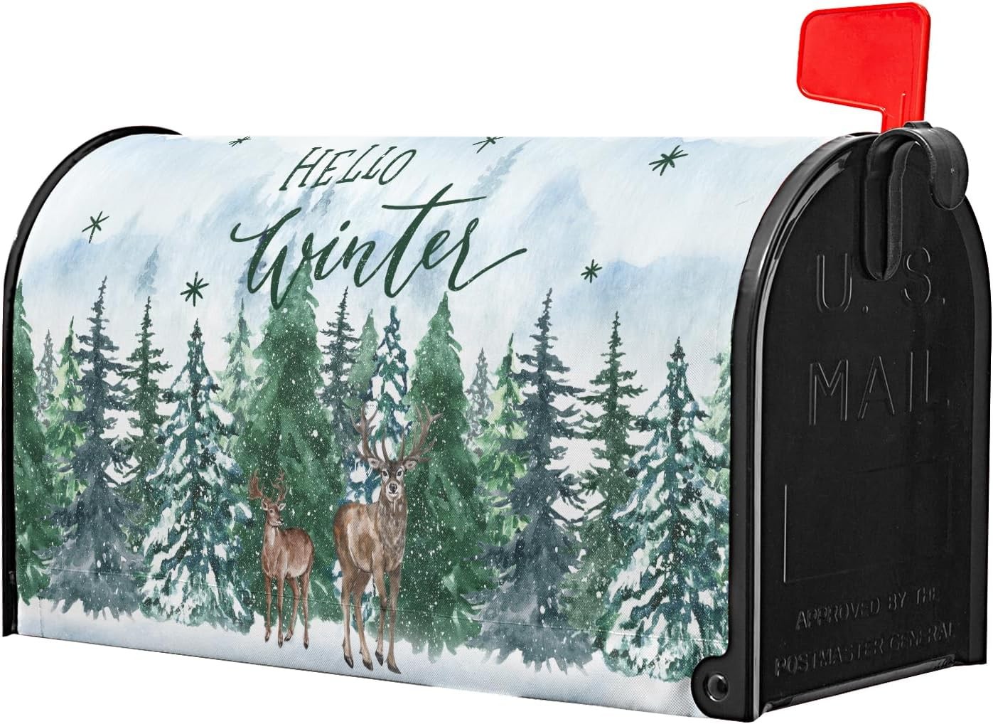 Hello Winter Welcome Pine Trees Mailbox 21×18 Inch, Snow Green Forest