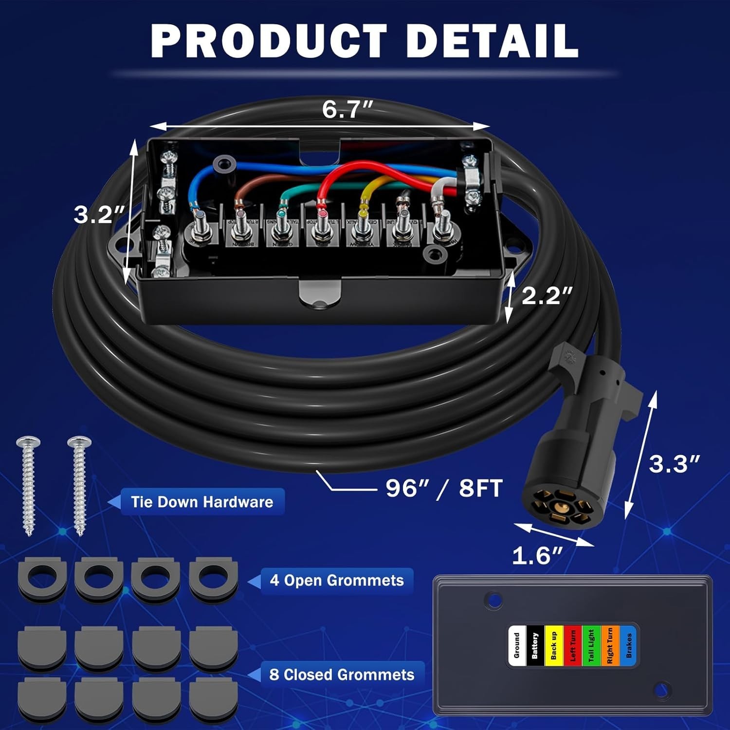 Trailer Cord 8 FT with Junction Box CheeMuii Wiring Harness Plug Premium Light