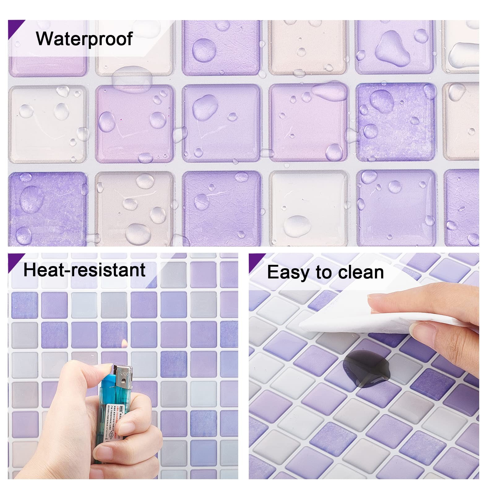 5pcs Peel and Stick Backsplash Purple Square 3D Mosaic Removable Tile Sticker…