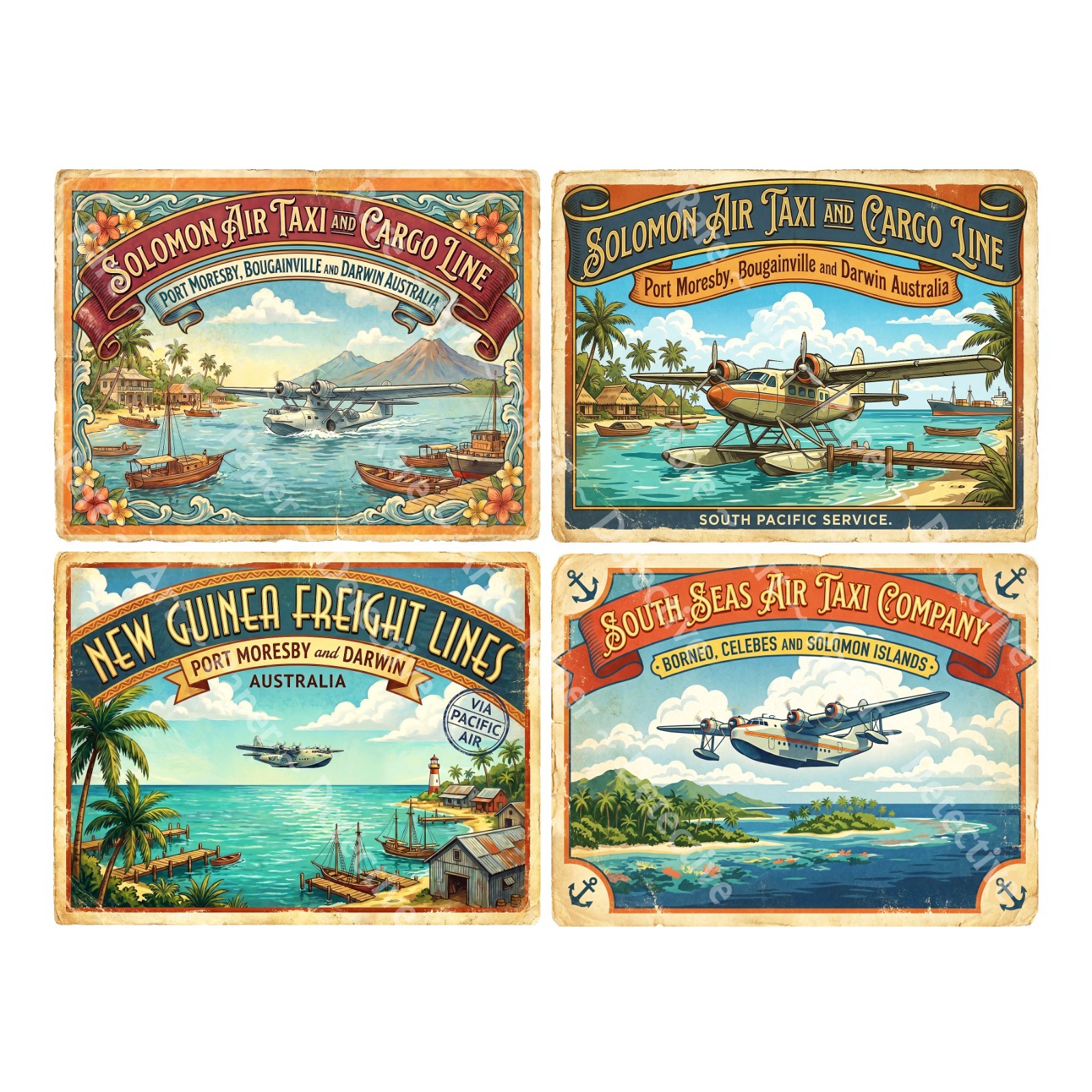 Retro South Pacific Airline Luggage Label Stickers, 4 Labels 1 Cut & Peel Sheet