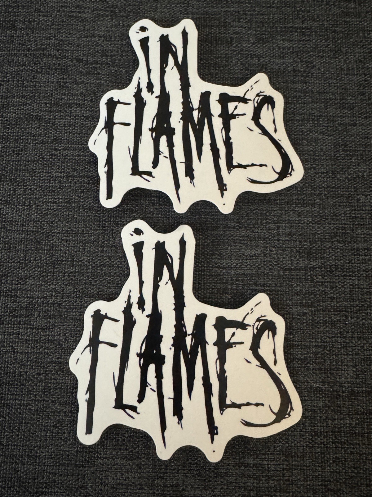 Lot (2) IN FLAMES 2 1/2″ x 2 1/2″ Band Logo STICKERS Black White FAST! FREE SHIP