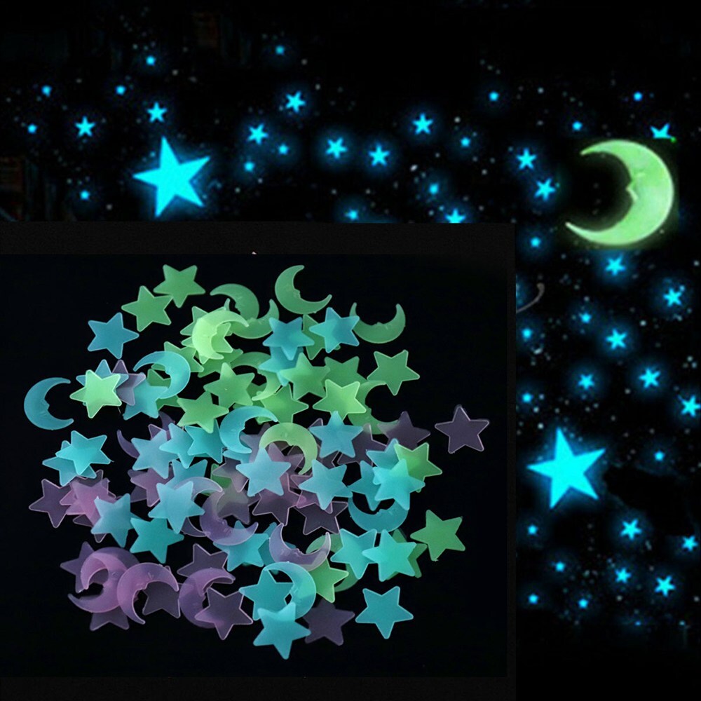 100 Glow In The Dark Star Moon Plastic Stickers Wall Decorations Perfect For Kid
