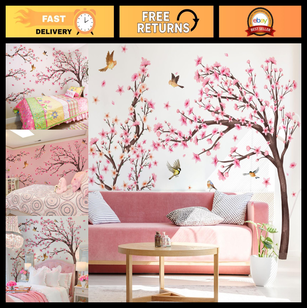 Large Pink Cherry Blossom Wall Decals – Floral Birds Tree Branch Stickers for Ho