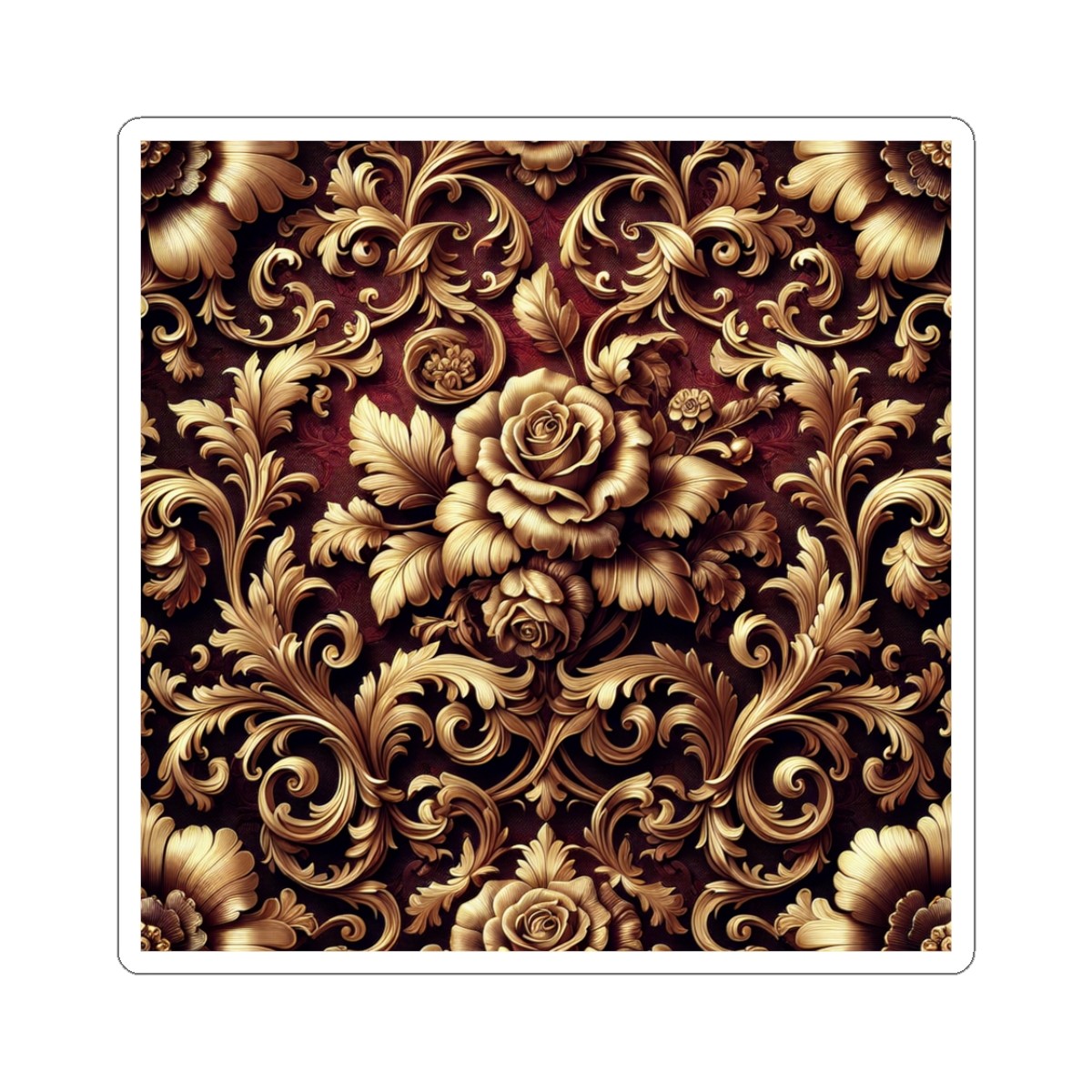 Sticker Luxe Damask Floral Pattern – Gold/Burgundy 2×2 3×3 4×4 6×6