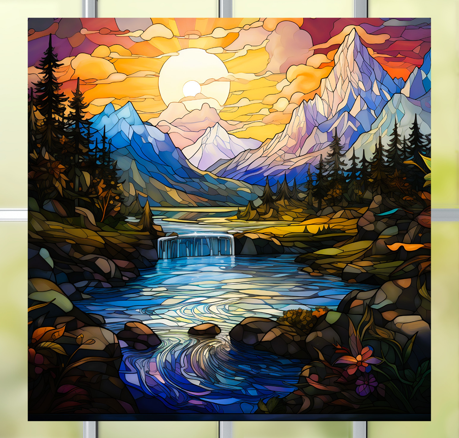 Scenic Waterfall at Sunset Faux Stained-Glass WINDOW CLING Size 8″ Vinyl