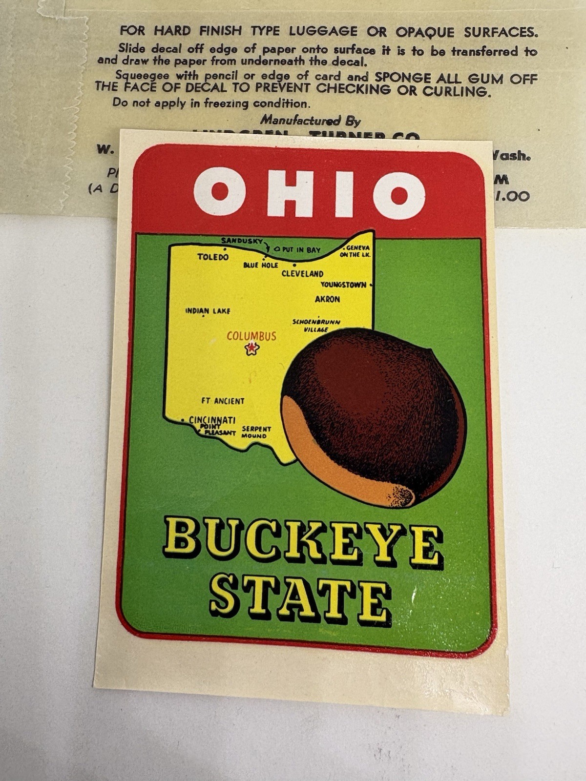 Vintage Waterslide Travel Decal Ohio Buckeye State Map Sticker Original Package