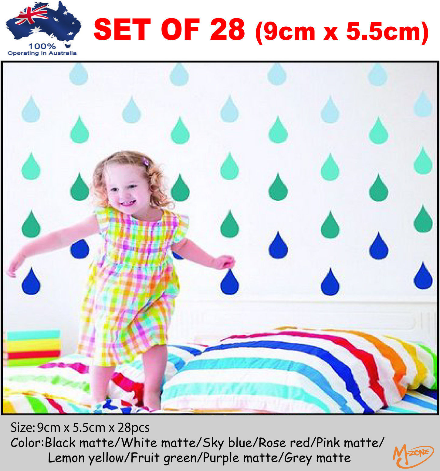 28 x “big” RAINDROP Wall Stickers 9×5.5cm Removable Nursery Kids Home Best Gift