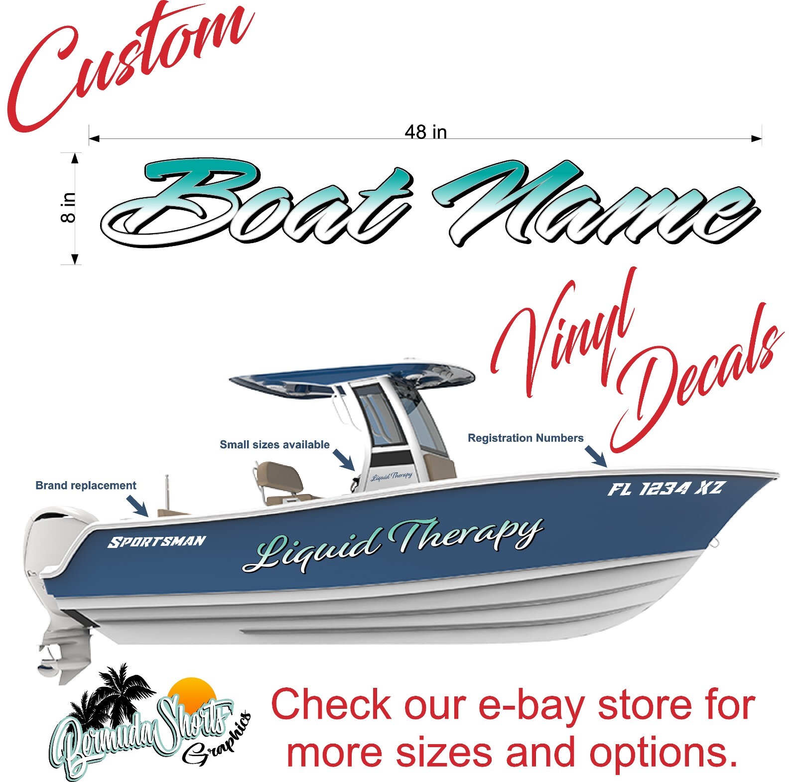 Boat Name Decal 8×48″ / Custom Hull Graphic / Premium Marine Vinyl Lettering GR