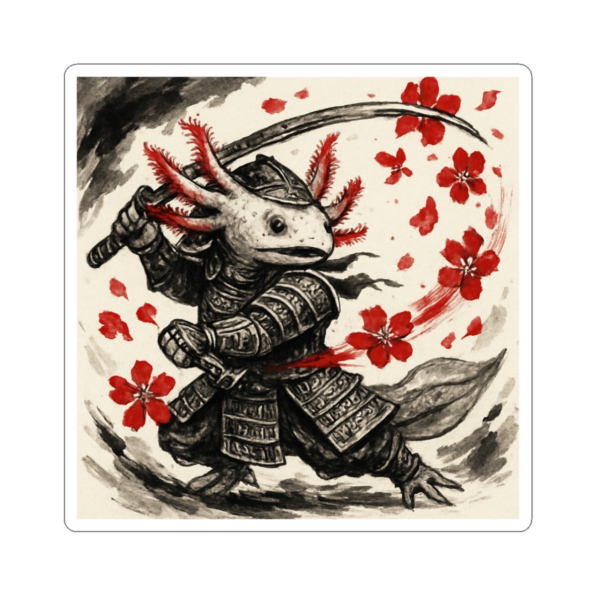 Sticker Axolotl Samurai Sword Fight Ink Art 2×2 3×3 4×4 6×6
