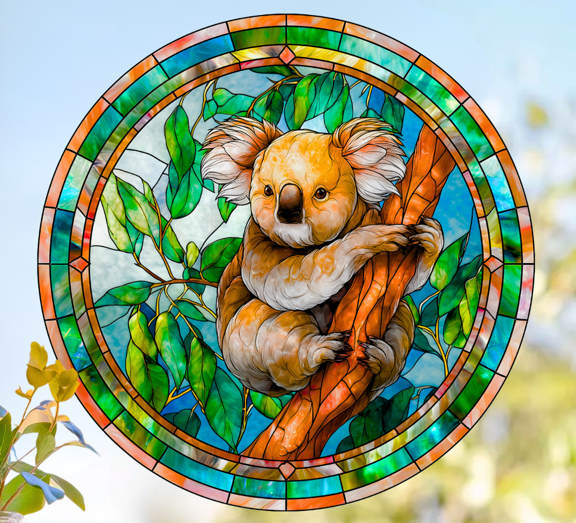 Koala Bear Faux Stained-Glass WINDOW CLING Size 8″ Round Repositionable Vinyl
