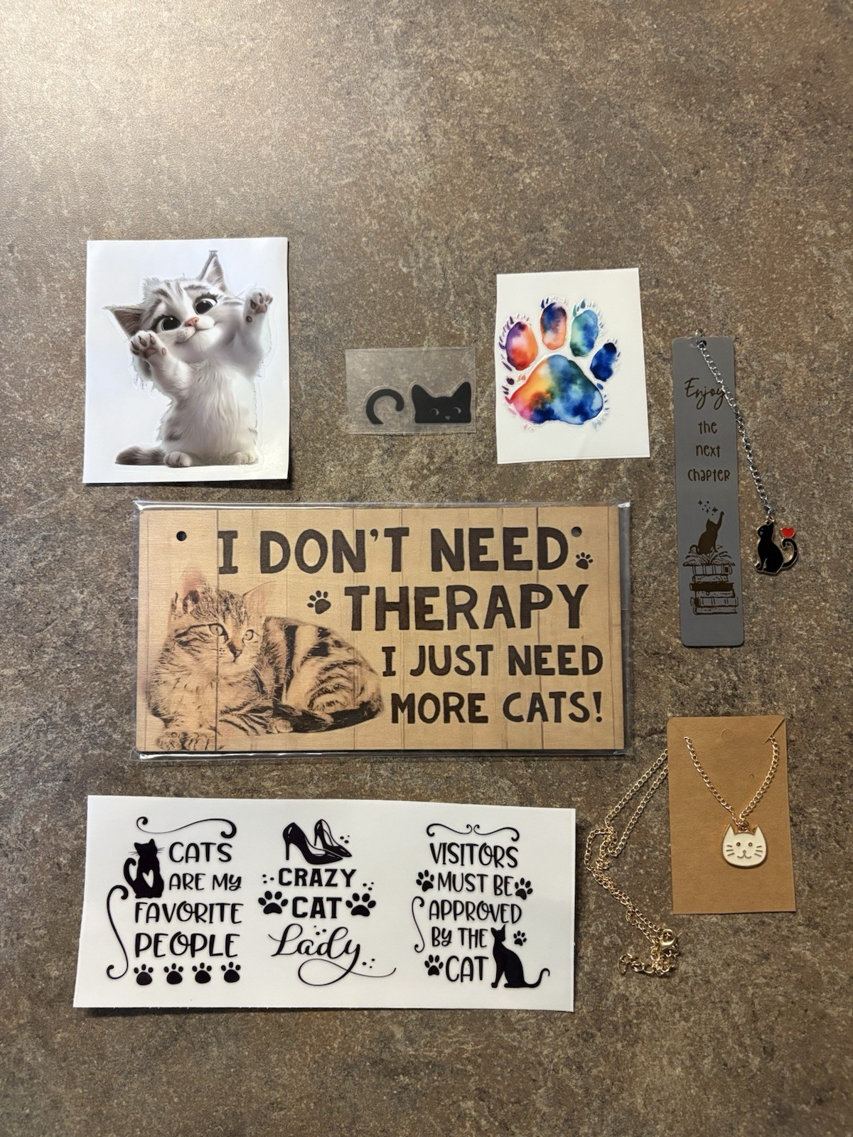 Gift Bundle: Cat Stickers, Cat Bookmark, Cat Sign and Cat Necklace