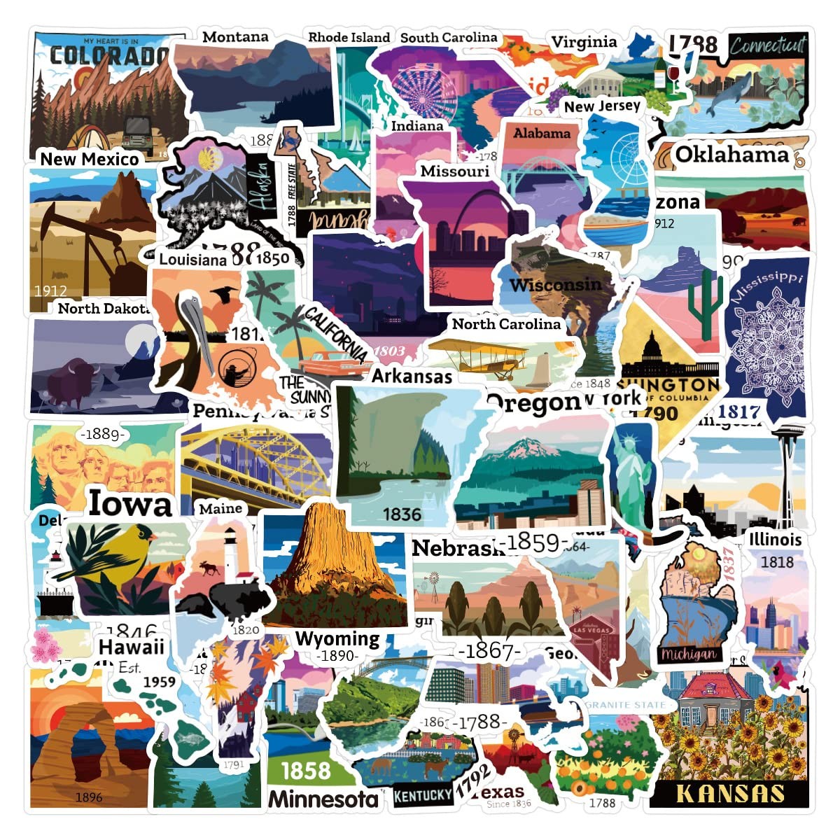 United States Map Stickers, 50Pcs Funimost Travel USA Waterproof Vinyl Stickers