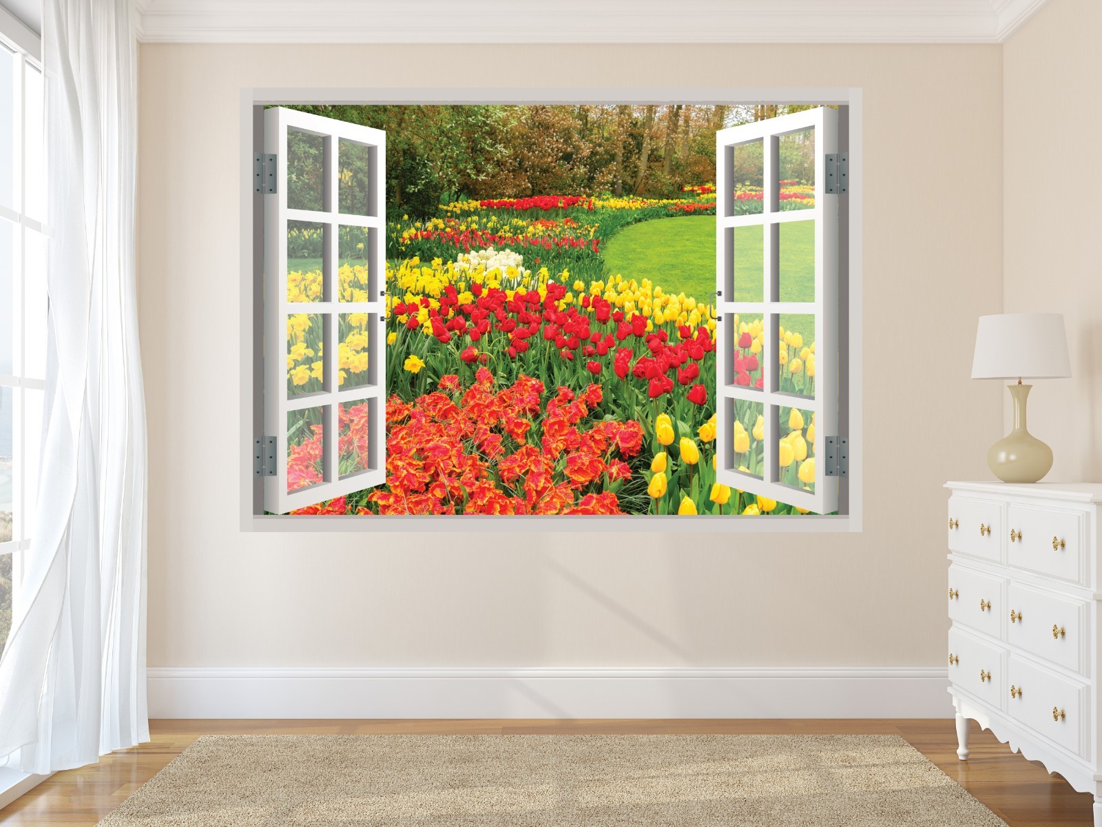 3D Window View Wall Decal Spring Tulip Garden Vinyl Sticker Mural M-115