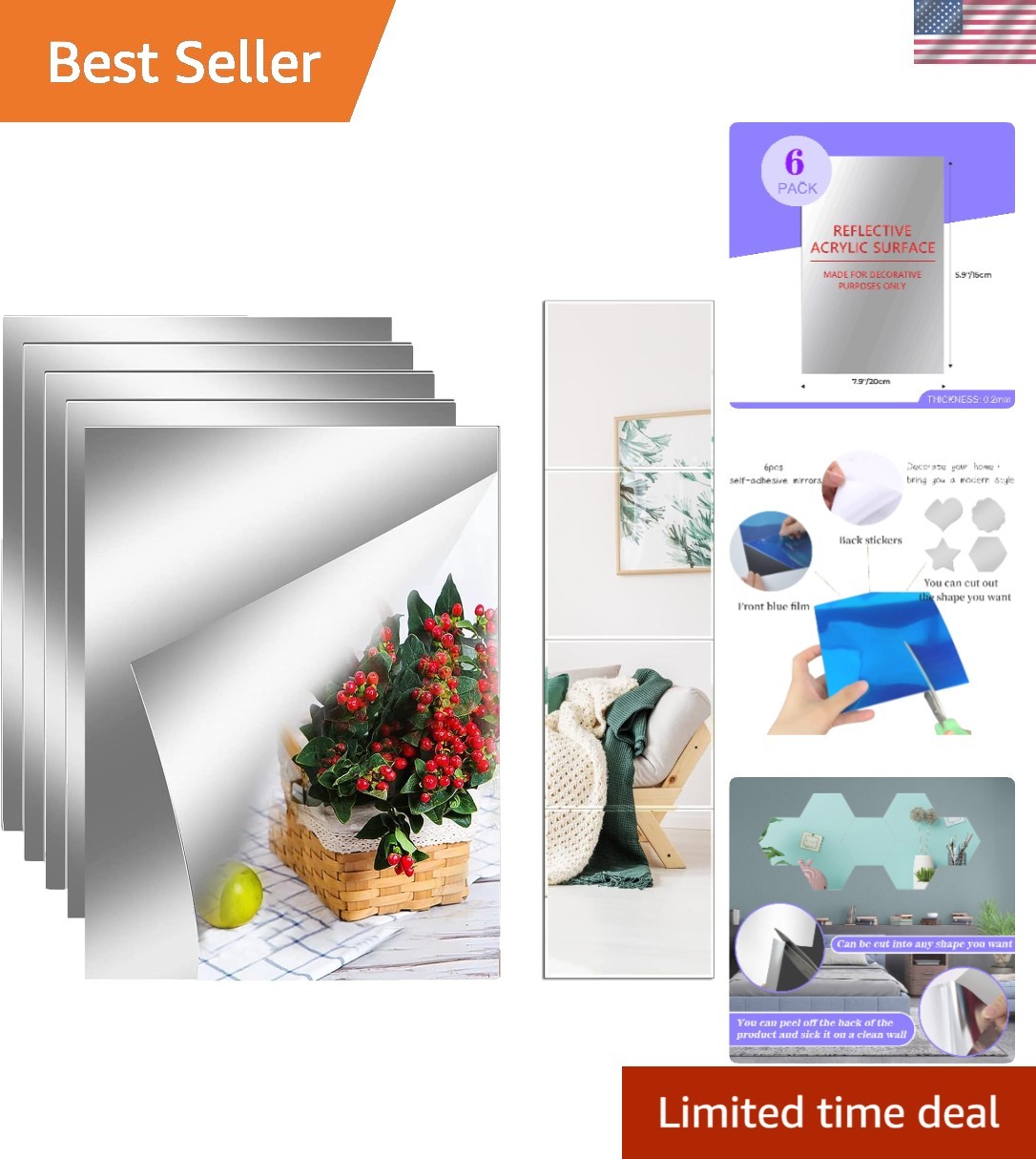Flexible 8”x6” Acrylic Mirror Tiles – Self-Adhesive Décor for Versatile Use