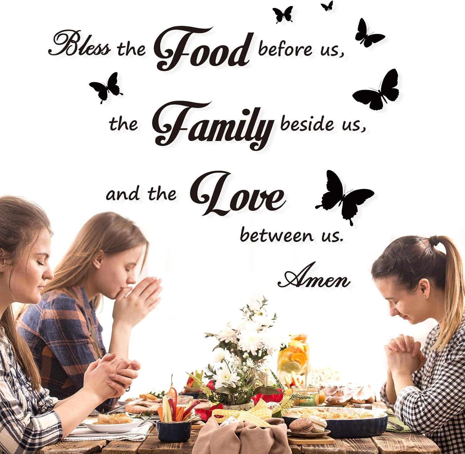 Wall Decor Stickers for Dining Room – Bless the Food and Family Quotes (3 Pack)
