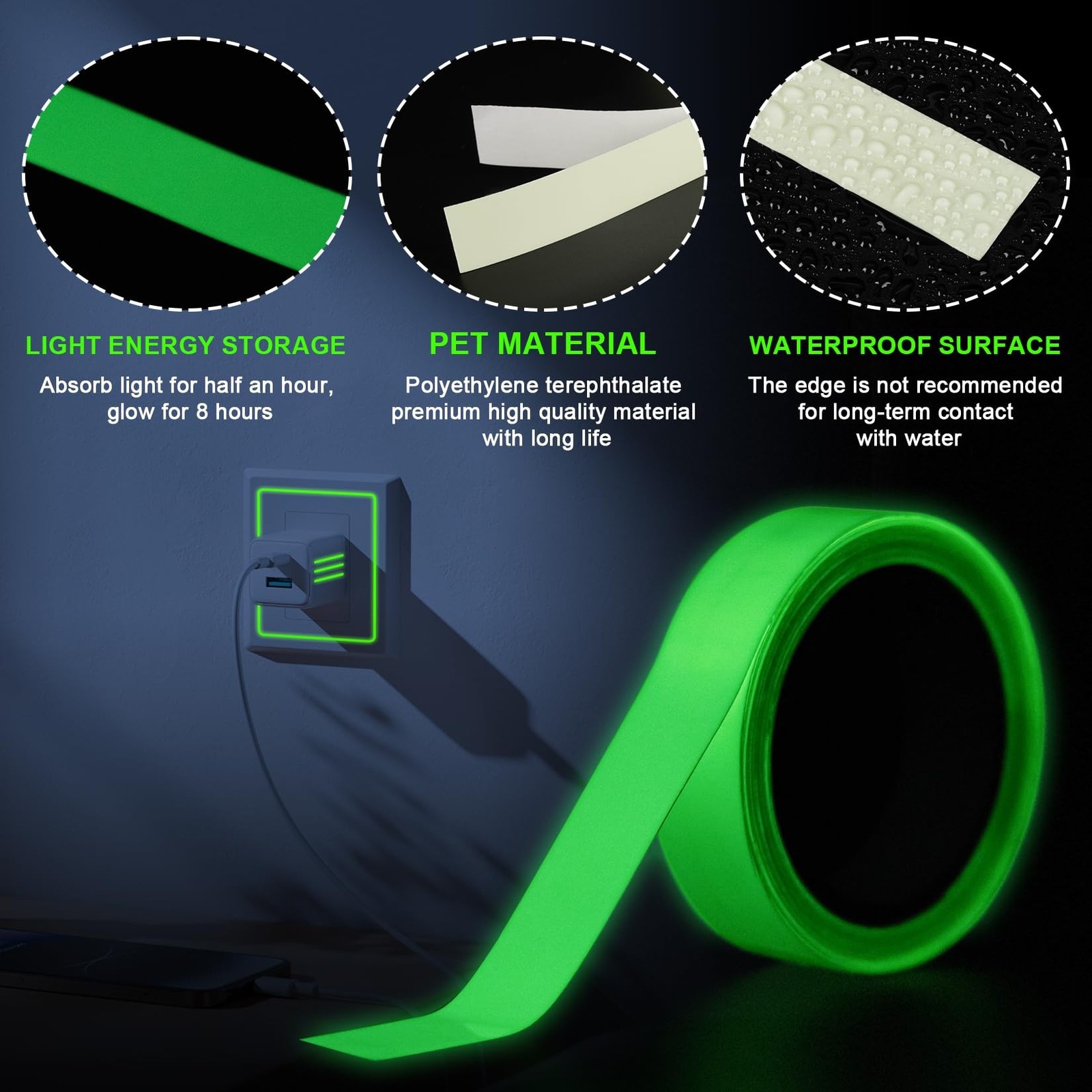 Glow in Dark Tape 0.5in x 10 feet Luminous Safety Marking Adhesive Strip New USA