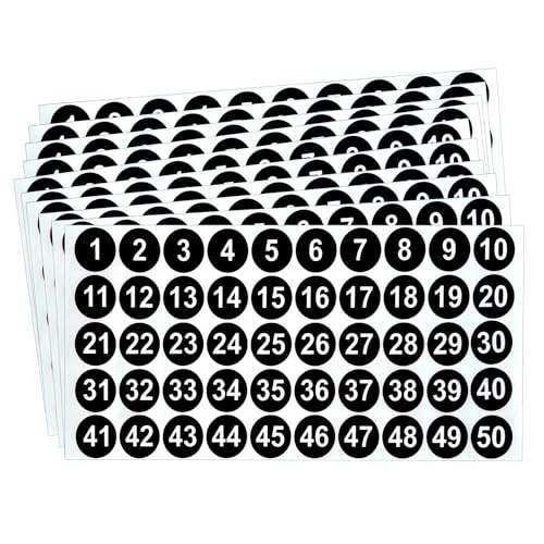 Number Stickers – Consecutive Number Stickers 1-50 – 10 Sheets Round Black