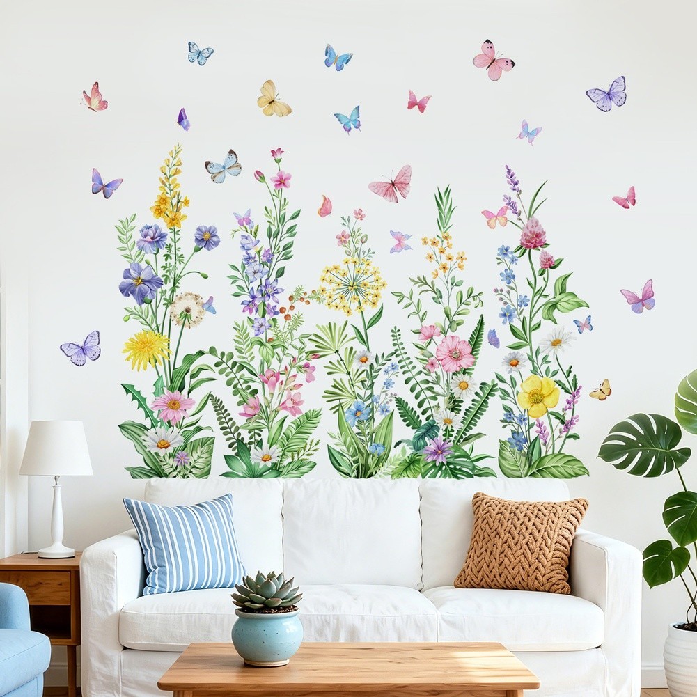 Easy Apply Wildflower Butterfly Wall Decals 47.2 x 35.4 in PVC Material