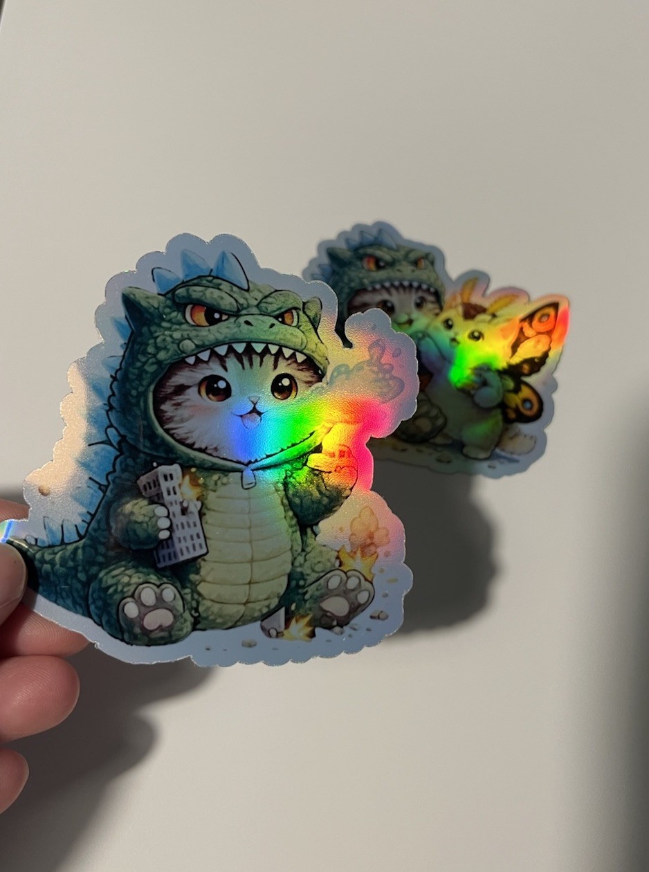 Godzilla Catzilla & Kitty Mothra Cute 3 Inch Waterproof Holographic Sticker Set