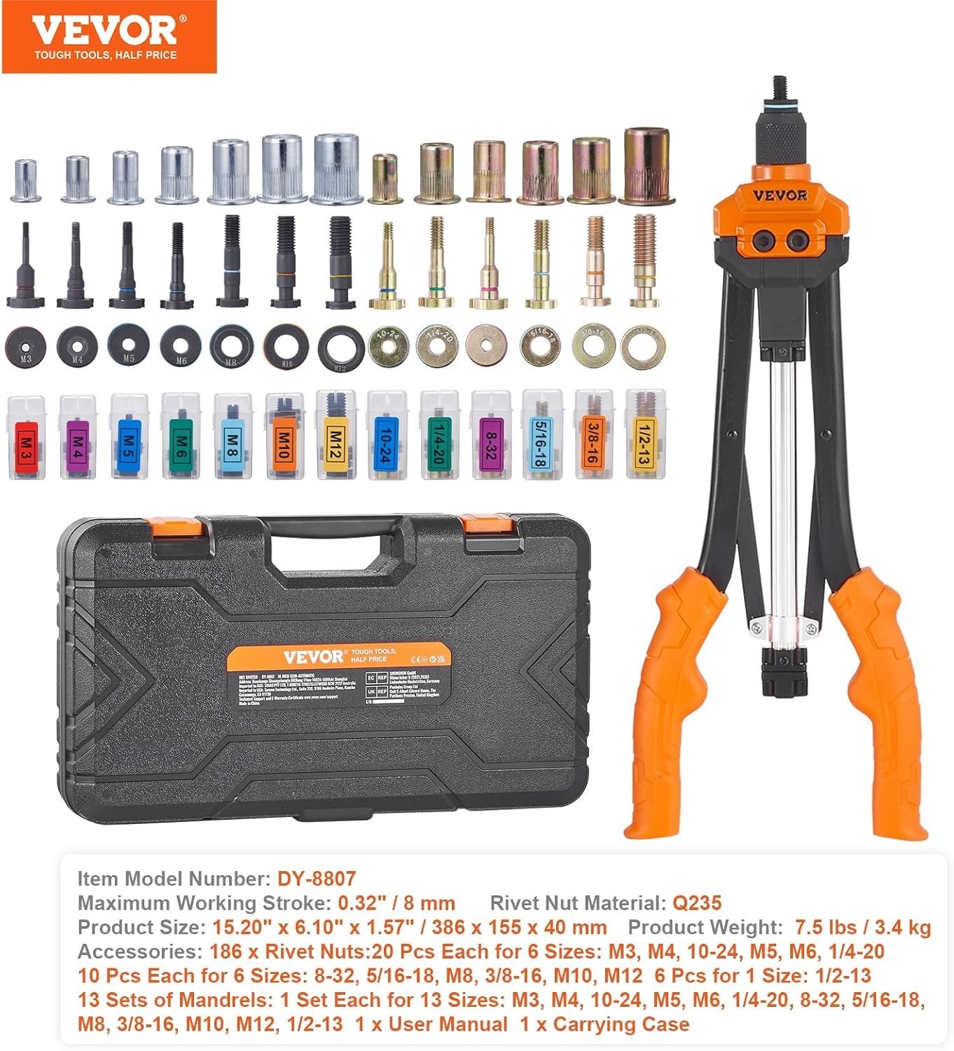 Rivet Nut Tool, 16 inch Rivnut Tool Kit with 13PCS Metric and SAE Mandrels