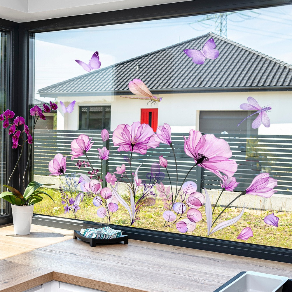 Double Sided Purple Floral Butterfly Static Window Sticker PVC Material