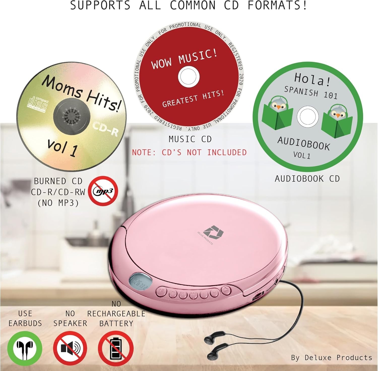 Portable CD Player, Anti-Skip, Stereo Earbuds, Aux & USB Cable, Home/Car, Pink