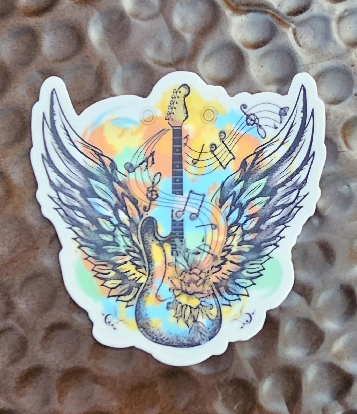 GUITAR WITH WINGS FLYING STRAT Die Cut Opaque Sticker UV Resistant Vinyl 3 inch