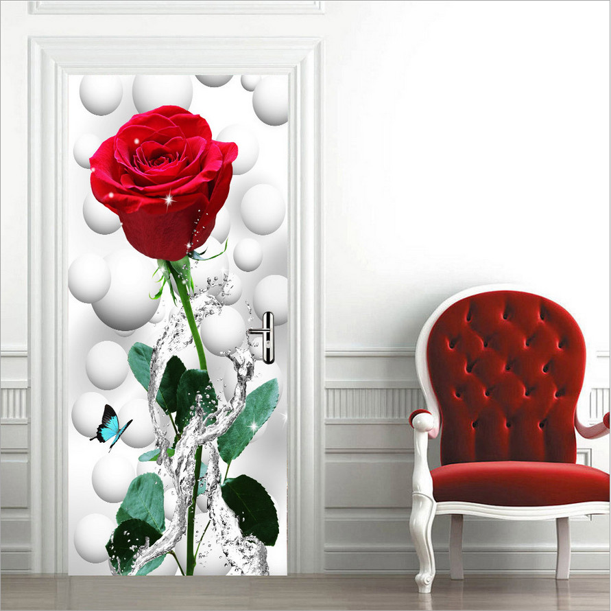 3D Wall Art Red Rose Butterfly Door Sticker PVC Decal Self-adhesive Wrap Mural