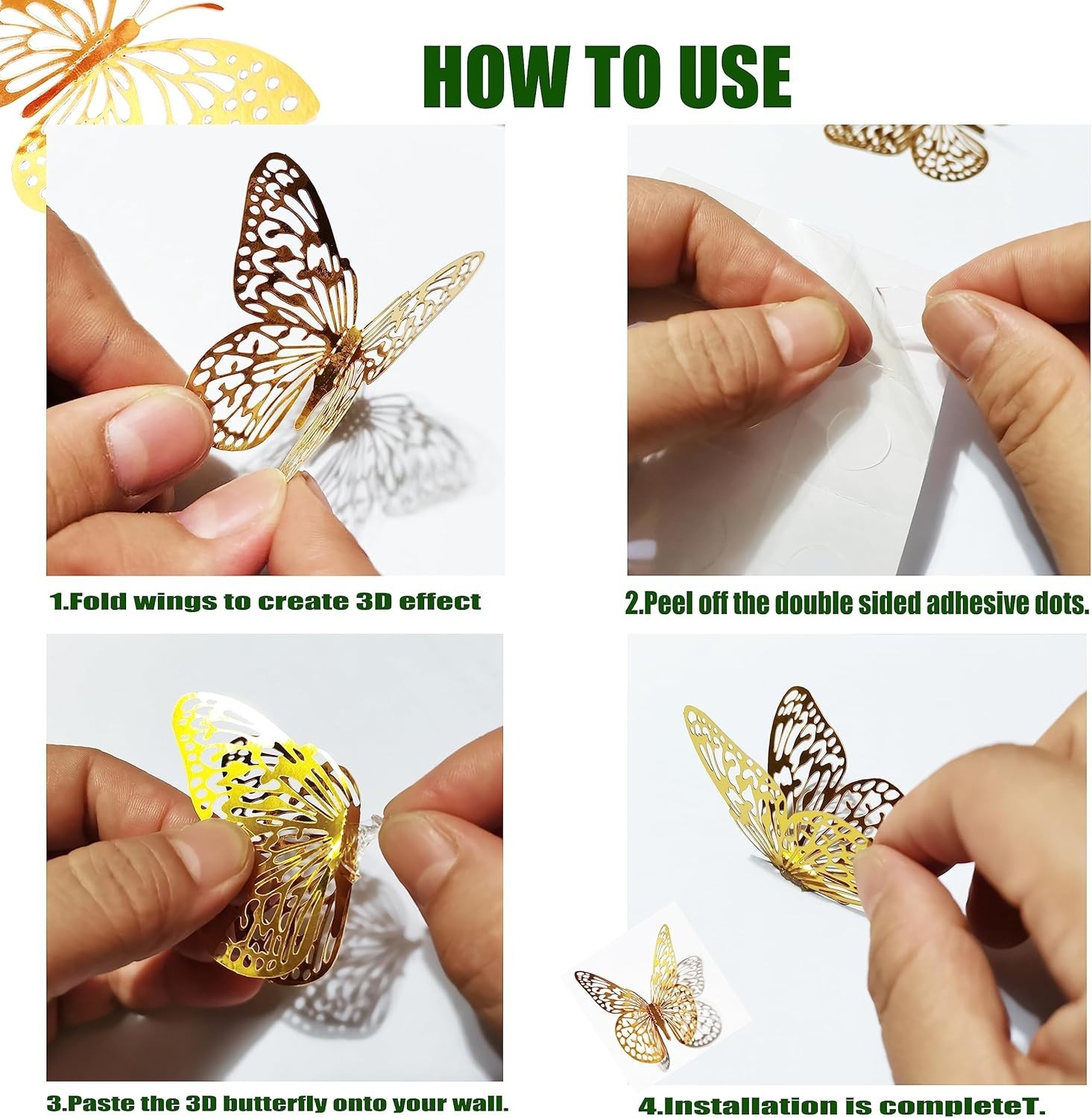 48PCS 3D Gold Butterfly Wall Decor Stickers for Party, Wedding, Birthday, Cake