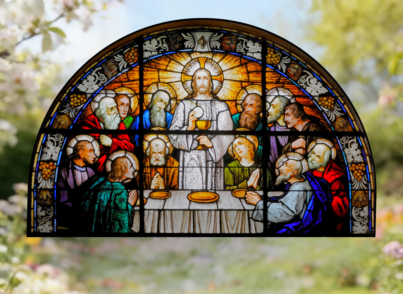 Jesus, The Last Supper Faux Stained-Glass WINDOW CLING Size 10.6″ Vinyl Arch