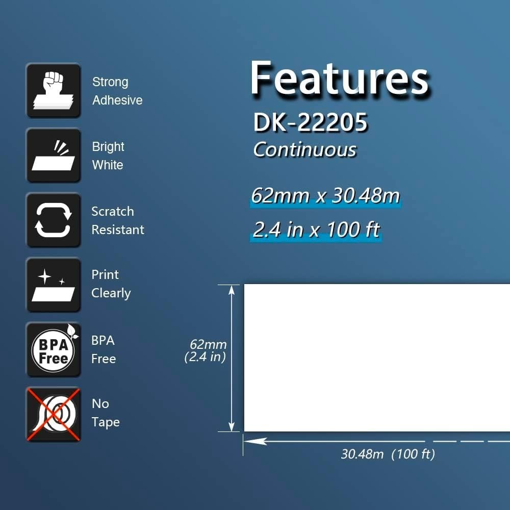 Compatible Continuous Labels Replacement for Brother DK-2205 (2.4 in x 100 ft),