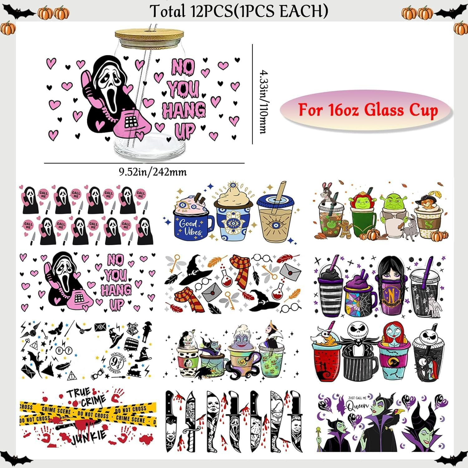 UV DTF Cup Wrap, Transfer Stickers for 16oz Glass Cups，UV DTF Cup Wrap Tr