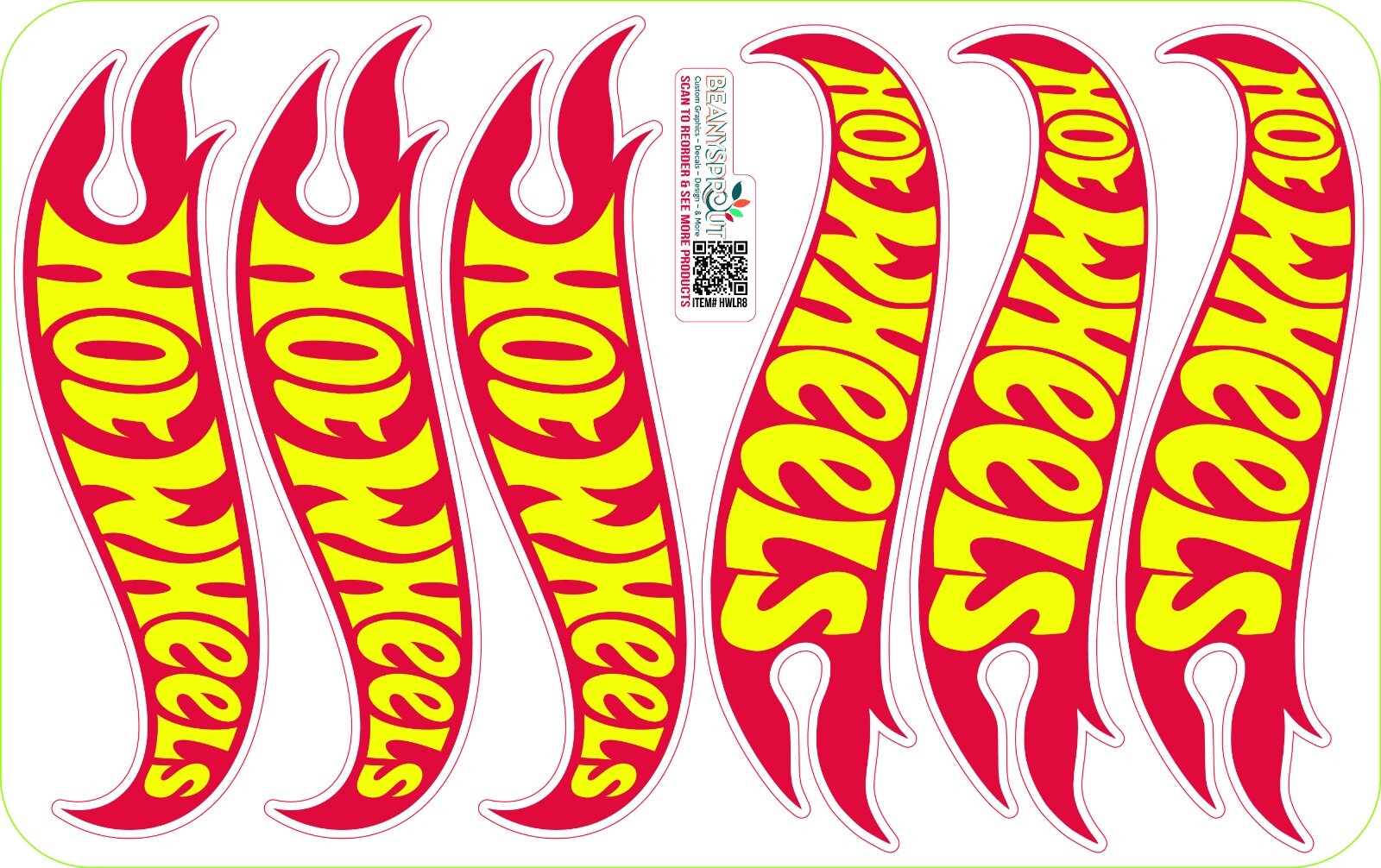 6 Hot wheels logos 5″L x 1.5″H (each decal) 3 Left and 3 Right decal stickers