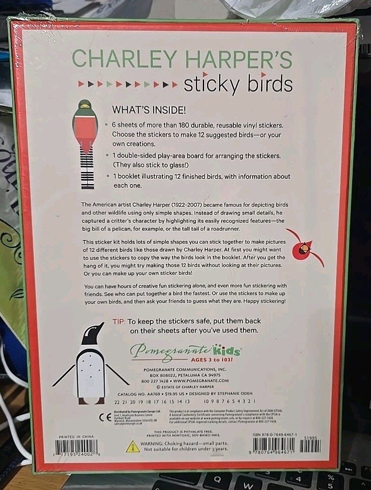 Charley Harper’s Sticky Birds, Animal Sticker Book, Reusable Vinyl Stickers, New