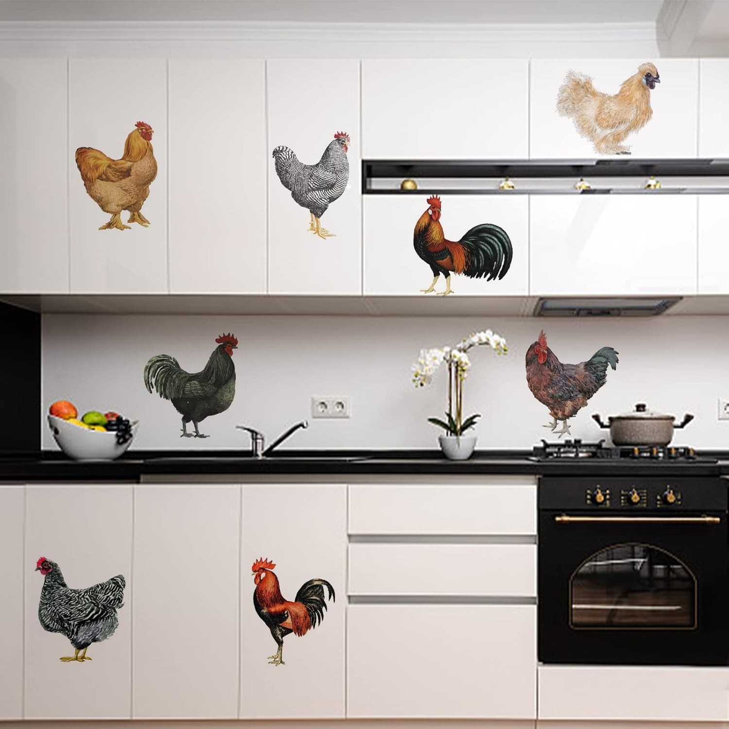 PLIGREAT 8 Pcs Roosters Hens Wall Stickers, Removable Vinyl Peel Rooster Hen