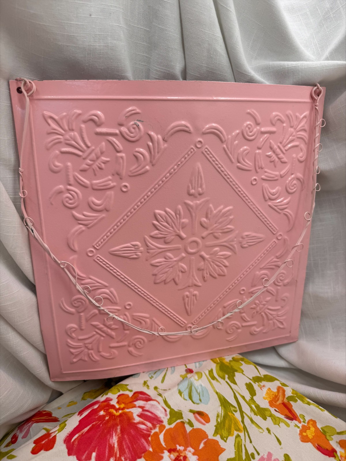 Pink Metal Embossed Floral Tin Tile Wall Pocket Hanging Planter 15″ Shabby Chic