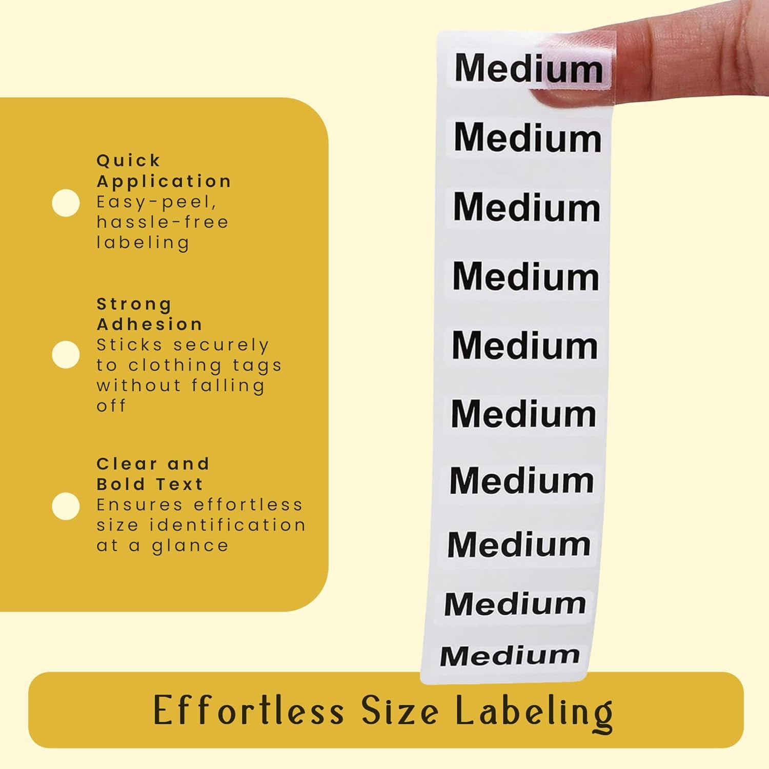 Medium Clothing Labels – Clear Size Strip Stickers with Black Text, 1.25 X 5 Inc