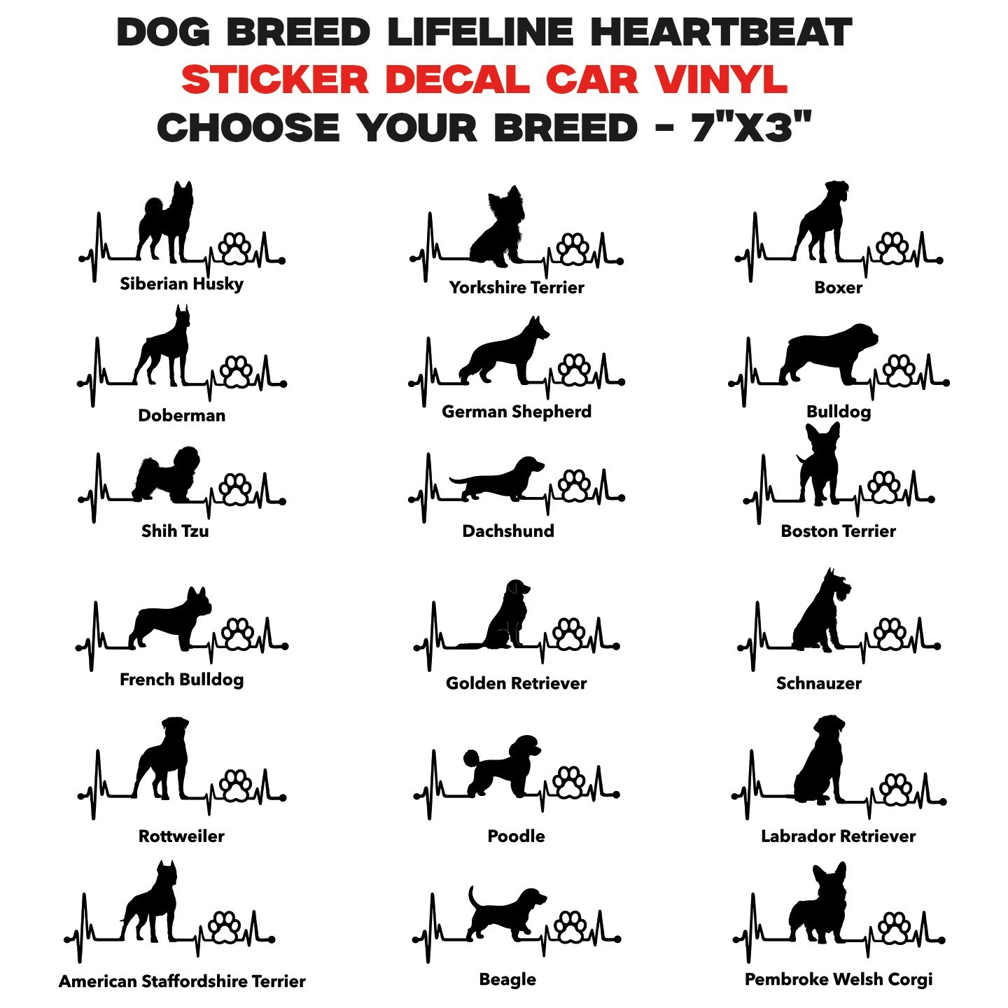 Dog Heartbeat Vinyl Decal Pet Lover Car Sticker – Choose Breed & Color