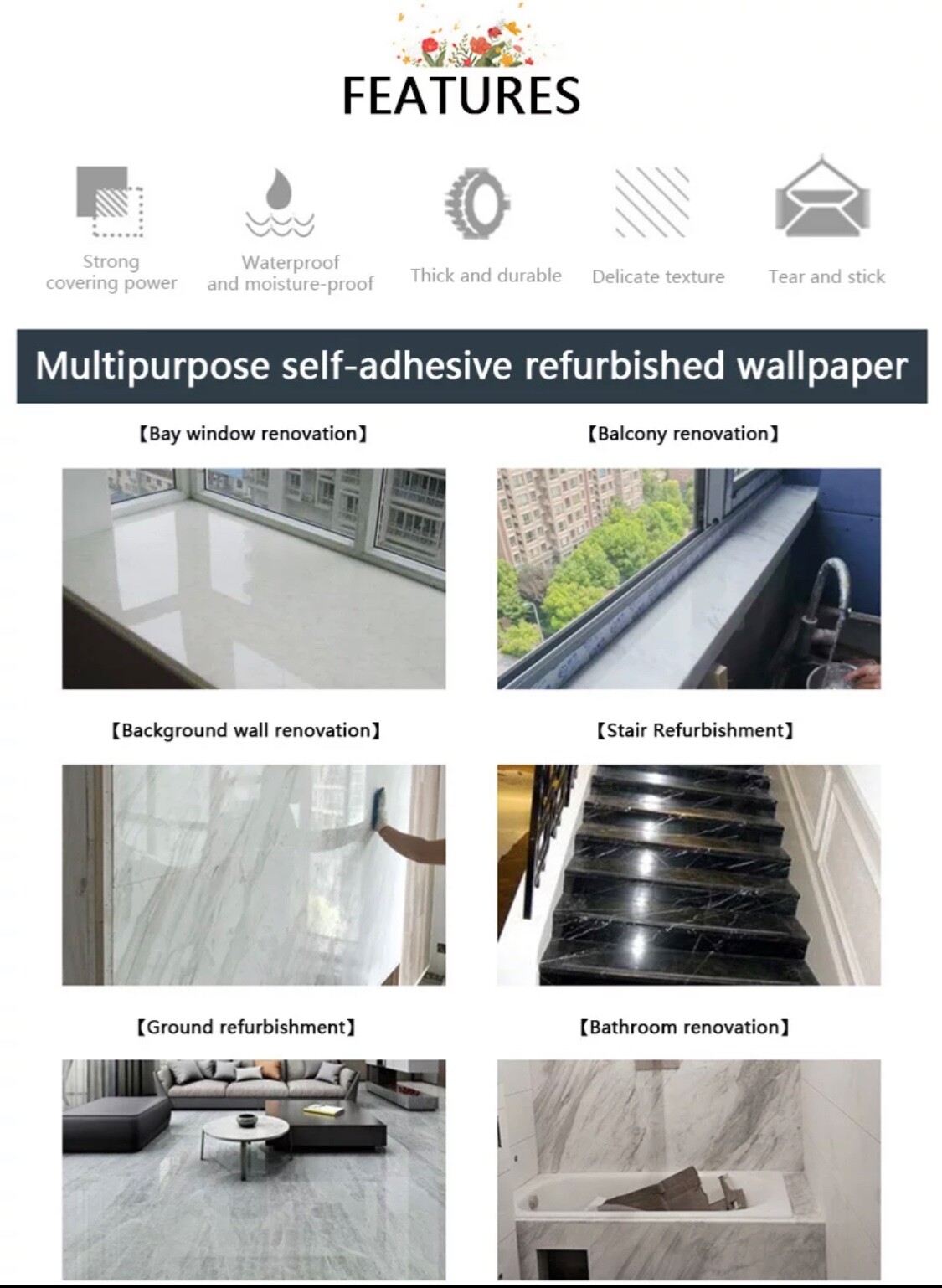 Marble Sticker Wall Decoration Kitchen Waterproof Smooth for Home Furnitu