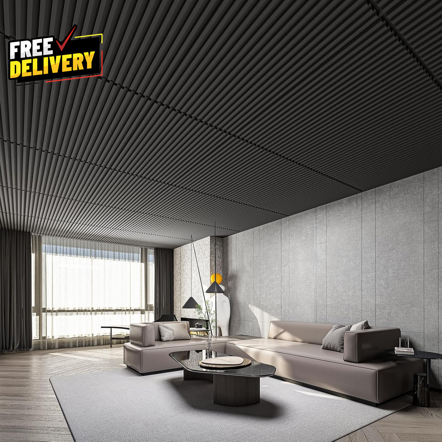6 Pack 3D Slat Wall Panels 2x4ft PVC Decorative Ceiling Tiles Black