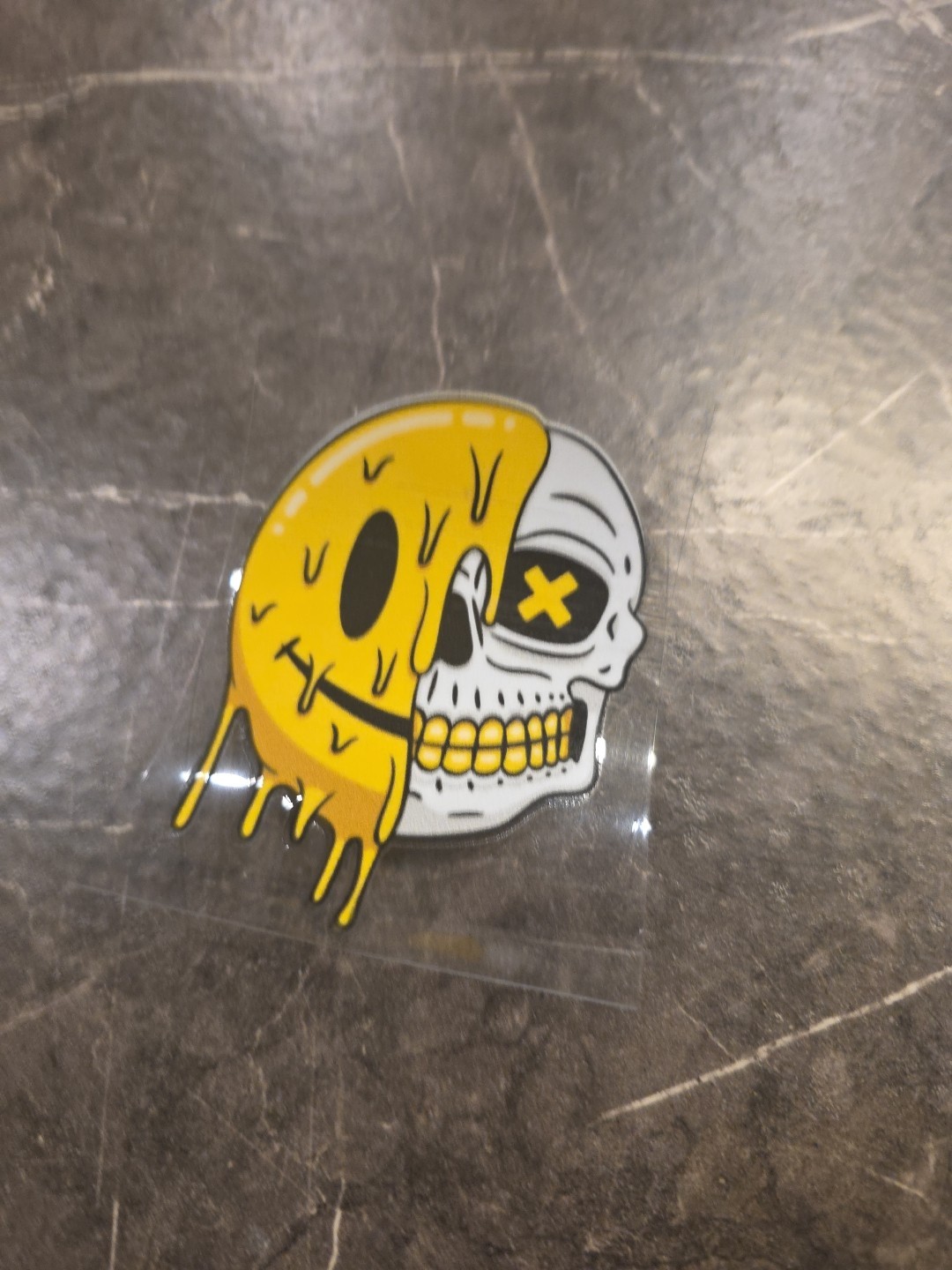 Melting Smiley Face Skull Split UVDTF Raised Decal Sticker Waterproof Gold Grill