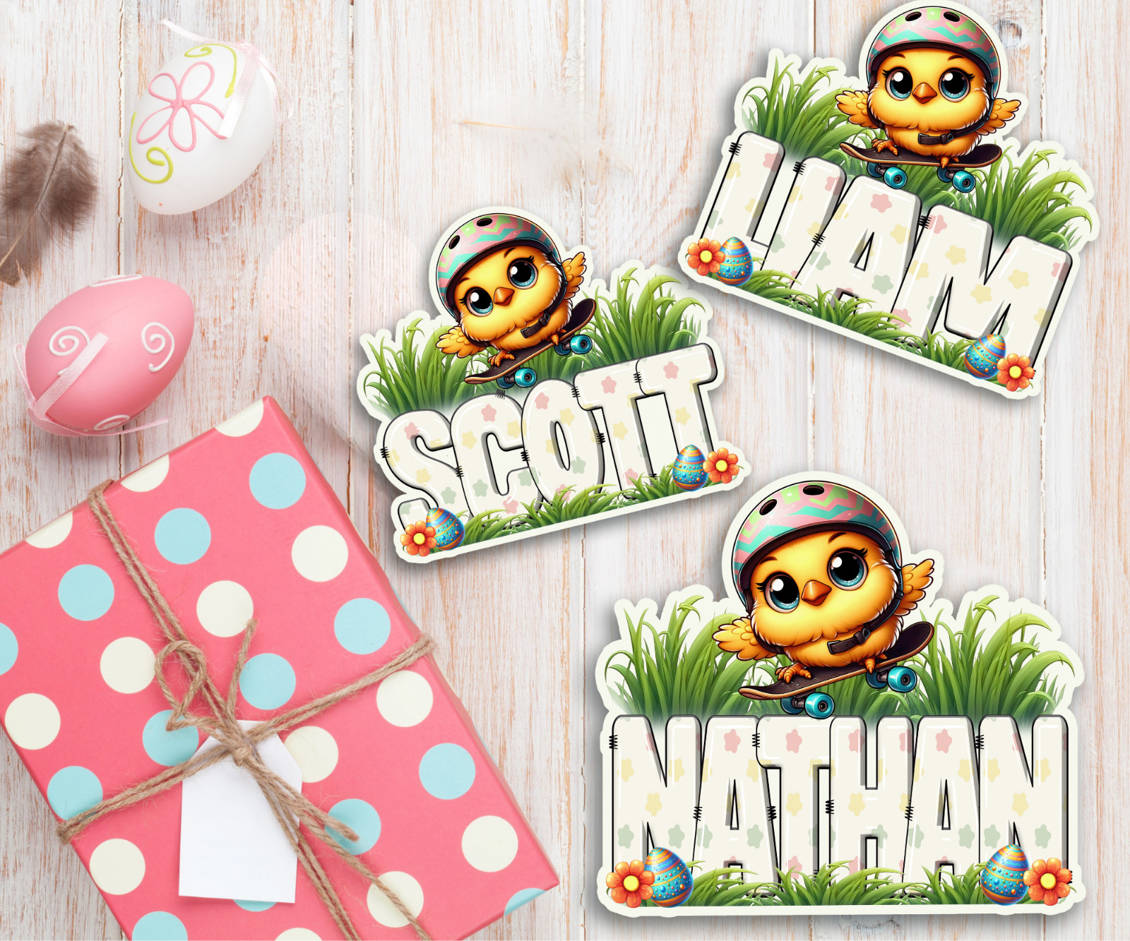Personalized Skateboard Chick Name Sticker, Easter Vinyl Decal, Cute Kids Gift