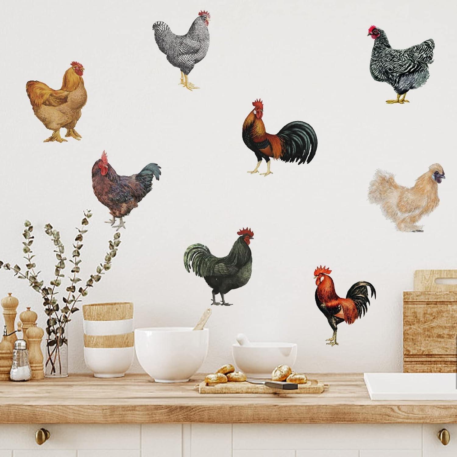 PLIGREAT 8 Pcs Roosters Hens Wall Stickers, Removable Vinyl Peel Rooster Hen