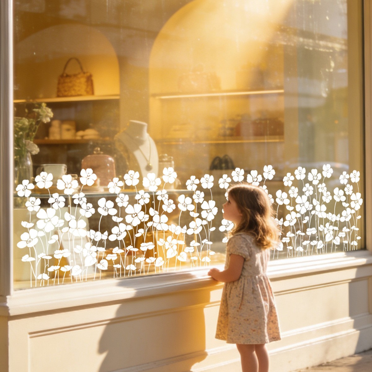 Removable White Floral Window Clings PVC Material Line Art Design 30x60cm