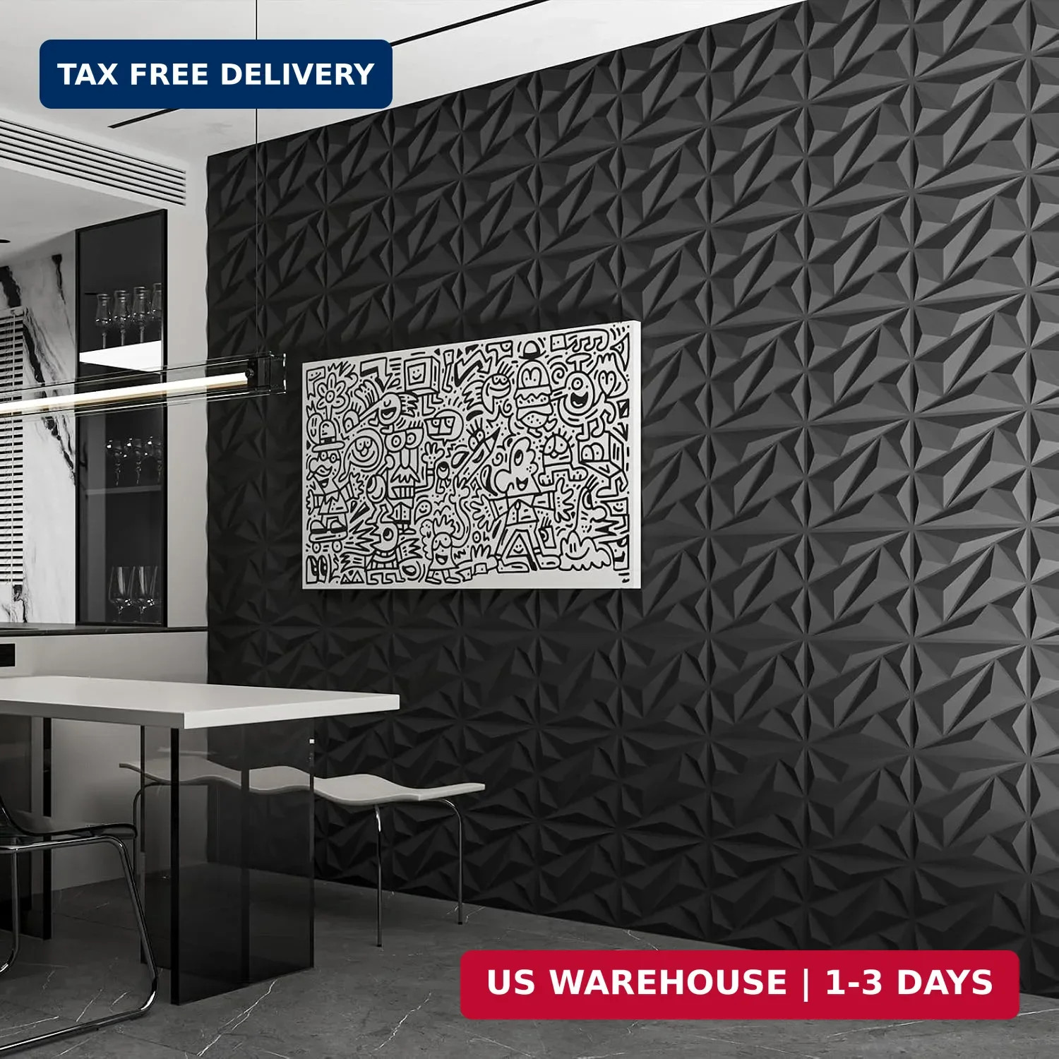 Art3dwallpanels 33 Pack 3D Wall Panels Diamond, Black, 12”x12” | PVC Accent Wa
