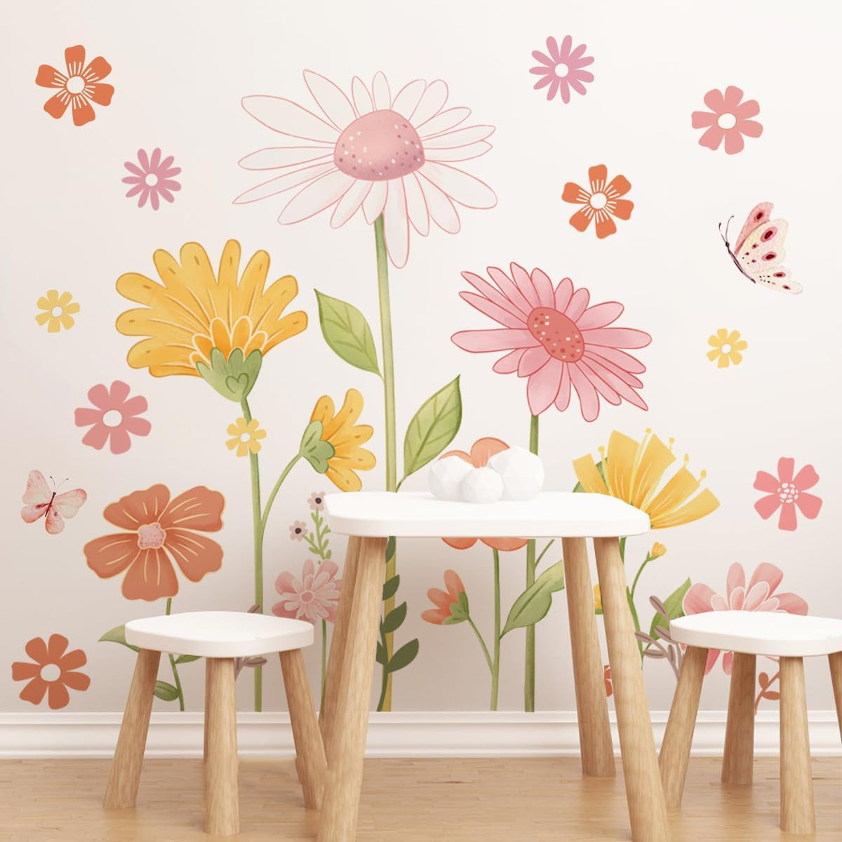 Boho Flower Wall Stickers, Daisy Butterfly Wall Decals, PVC Waterproof Self Adhe