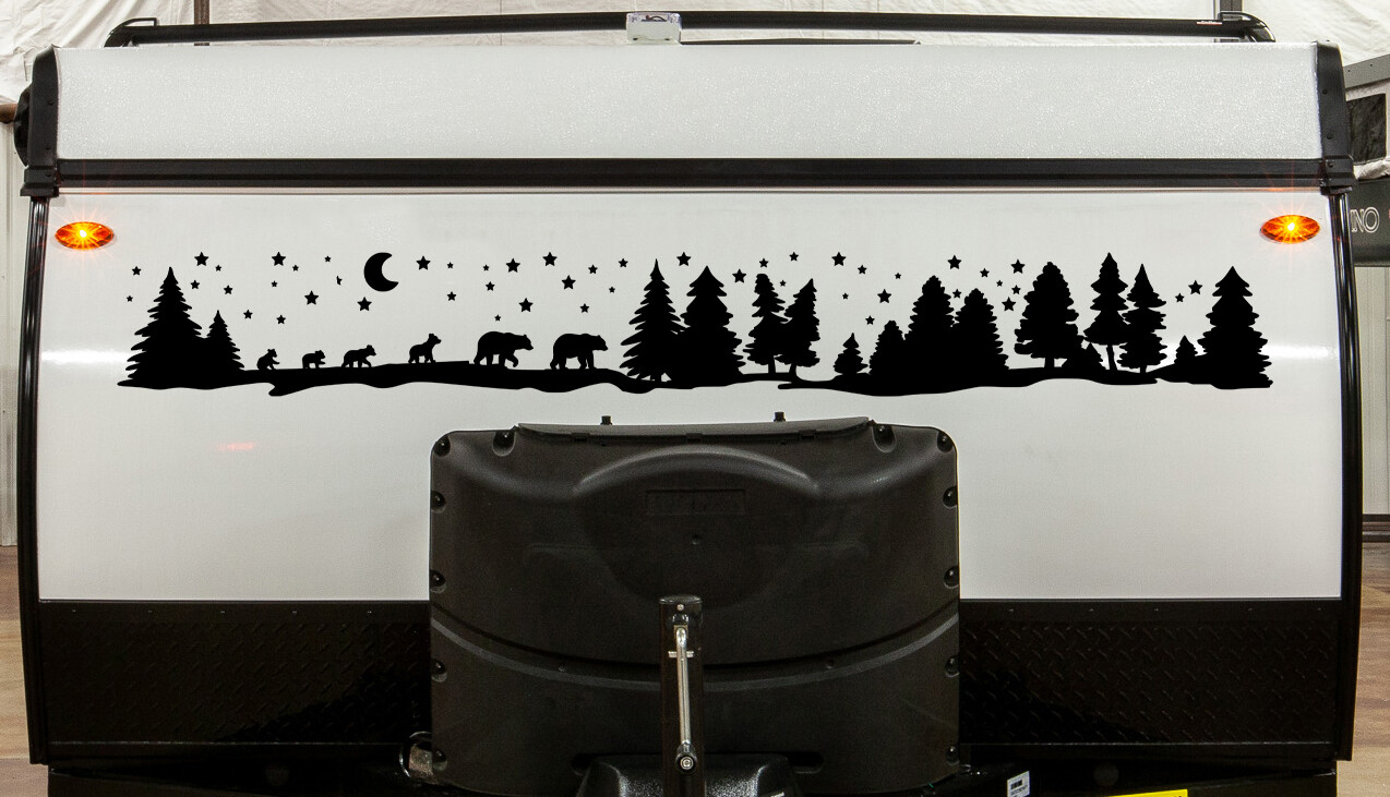 Bear Family of 6 Moon Scene Vinyl Decal V6 | Forest Scenery Stars RV | Sticker